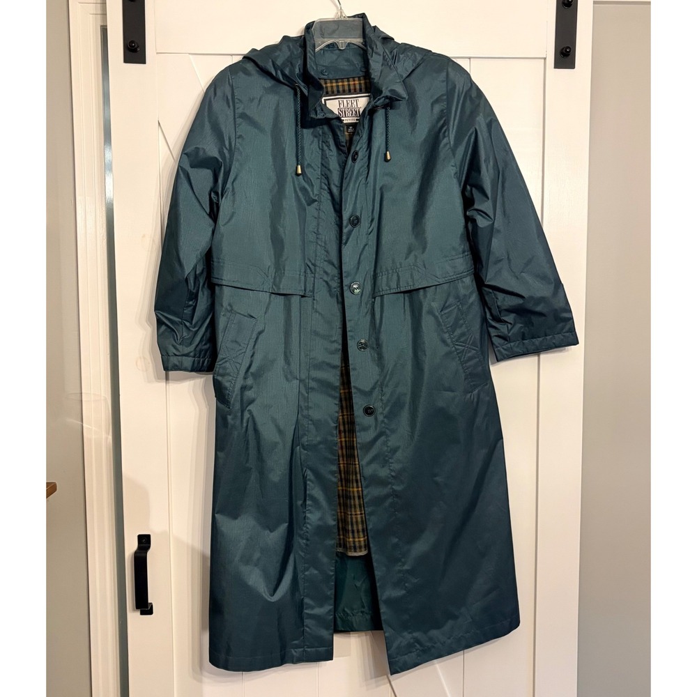 Fleet Street Rainwear Teal Green Maxi Trench Coat Removable Plaid Liner 8P Hood